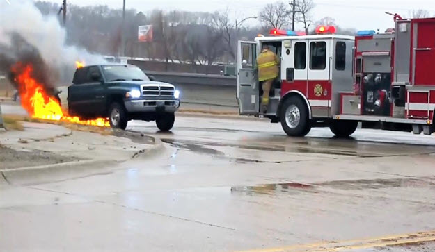 Video: Runaway Fire Engine Almost Hits Burning Pickup Truck