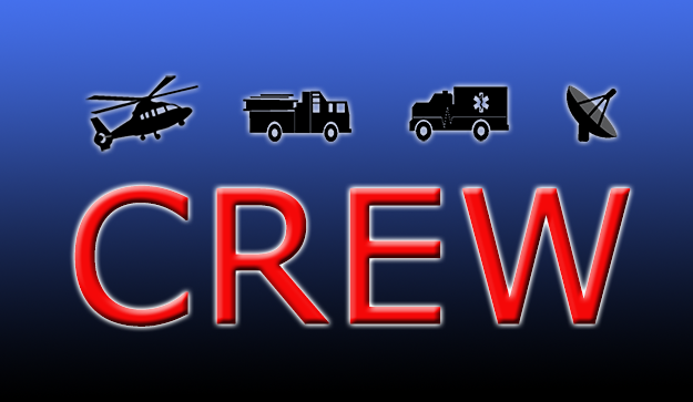 CREW banner with helicoper, fire truck, ambulance, satellite dish